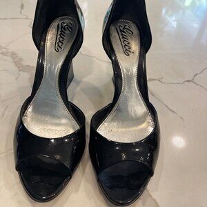 Gucci black peep toe wedges